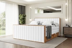 ALTDECOR Boxspringbett mit Matratze und Lattenrost, Topper, Fußteil, Polsterbett mit Bettkasten, Bett mit Stauraum H3- und H4- Matratze, Doppelbett -LOLLI4-Z KING-160x200 - Weiß Kunstleder