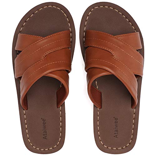 Ataiwee Men's Slide Sandals - Comfortable Lightweight Leather Summer Slipper Shoes for Indoor & Outdoor Use.(2008061,BR/PU,10)