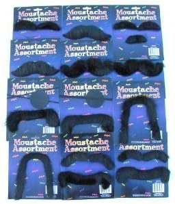 12 Self Adhesive Fake Moustaches Halloween Costume Party Gag-Assorted Shapes and Sizes