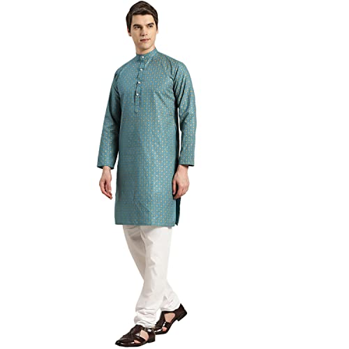Image of SOJANYA (Since 1958 Men's Cotton Linen Blue Foil Printed Kurta and White Pyjama Set
