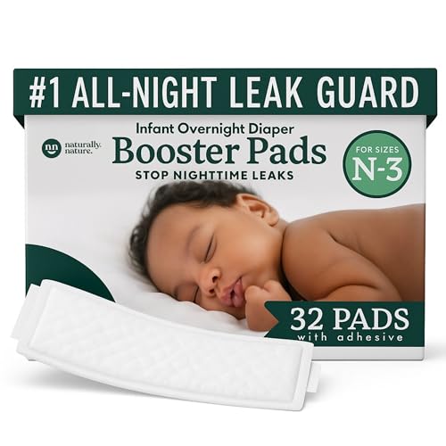 Naturally Nature Overnight Leak-Protection Diaper Booster Pads, for Heavy Wetters, Diaper Liners for Baby Overnight Diapers - Size N-3 Unisex, 32-Pack