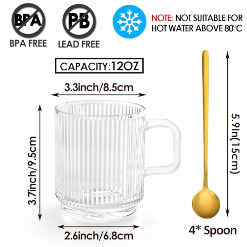 Gutsdoor Clear Glass Coffee Cup Set of 4, 12 Ounces Classical Vertical Stripes Glass Tea Cup with Spoon for Latte Espresso - Image 2