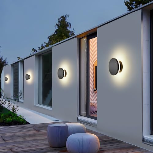 Image of ziidoo Wall Sconce Modern Outdoor Lights,5.8 inch Black Round Waterproof LED Outside Solar Eclipse Lamp Patio Porch Front Door Light Fixture House Decor Wall Light for Up and Down Stairs Hallway