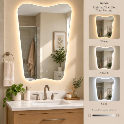 24 x 36 Inch Irregular LED Bathroom Mirror for Single-Sink Vanity Backlit bathroom mirror with lights; 3000K Warm, 4000K Natural, 6000K Cool; dimmable; heated anti-fog area; tempered glass - image 2