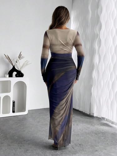 Image of LIGHT DOT Women's Printed Bodycon Maxi Dress Long Sleeve Tie Dye Mesh Ruched Cocktail Dress
