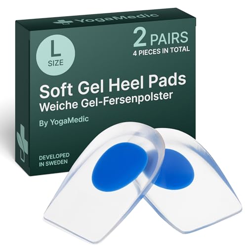 YogaMedic Taloneras de Gel - 2 Pares (4 Uds) – Cómodas Taloneras Fascitis Plantar, Tendinitis de Aquiles y Espolón en el Talón – Plantillas de Talón que Reducen la Presión y el Dolor – (Talla 40-45)