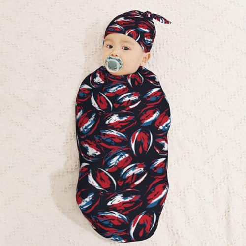 Image of Watercolor Rugbys Newborn Swaddle Blankets Hat Sets Soft Baby Receiving Blanket Swaddle Sack for Baby Shower Infant Boy Girl Gift