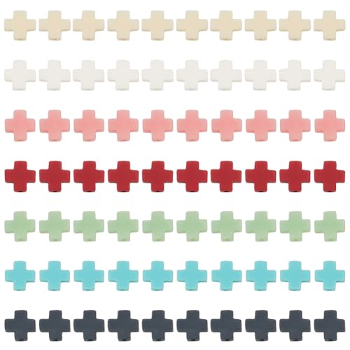 GOMAKERER 70 Pcs 7 Colors Cross Beads Synthetic Coral Crucifix Beads Colorful Cross Bead Easter Spacer Loose Bead for Easter Christmas Decorations Jewelry Making Crafting