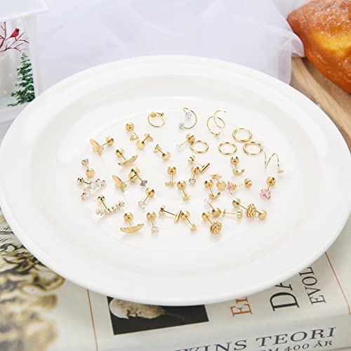 Staligue 21 Pairs Surgical Steel Flat Back Earrings Set for Women Men Hypoallergenic 20G Stainless Steel Stud and Hoops Earrings for Sensitive Ears Small Cz Heart Star Moon Opal Cartilage Earrings