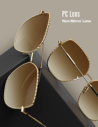 Image of LUENX Square Sunglasses for Women Oversized-Trendy Polygon Flat Three dimensional Rhombic Loop Wire Frame PC Lens, Gold Frame /Gradient Brown Lens,