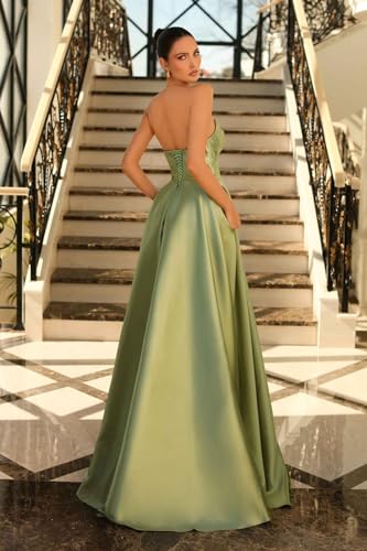 BONOYUER Women's Satin Prom Dress Long with Slit A Line Strapless Bridesmaid Dresses Corset Formal Evening Gown3