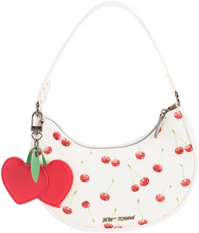 Betsey Johnson Cherry Print Hobo Handbag with Heart Charm, Crescent Shoulder Bag, 10x6x3 Inches