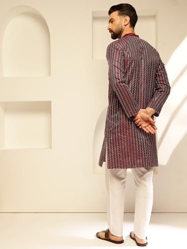 Image of SOJANYA (Since 1958 Men's Silk Blend Contrast White Thread Detailing Kurta With White Pyjama