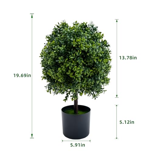 Artificial Topiary Boxwood Ball Trees 20 Inch, Fake Greenery for Front Porch, Indoor Walkway, Entryway, Set of 2