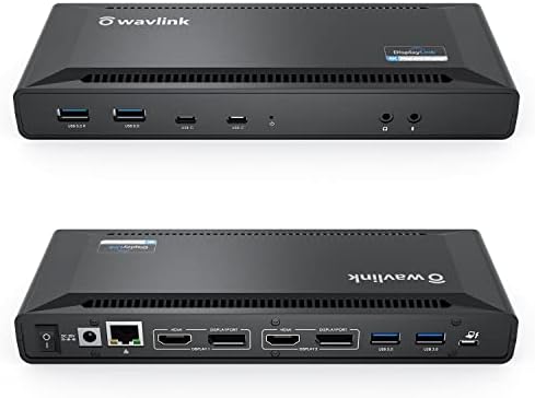 WAVLINK USB 3.0 / USB C Dual 4K Display Docking Station with DisplayPort and HDMI for Windows or macOS Support 65W Power Charge to Host Computer