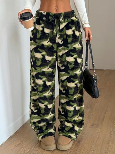 Image of ZAFUL Women's Fuzzy Plush Pajama Pants Wide Leg Pj Bottoms Lounge Pants | Soft Fluffy Sleep Pants Drawstring Elastic Waist Teddy Pjs for Women No Pockets