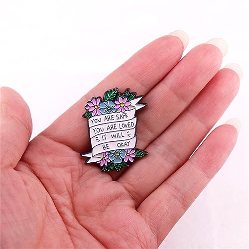Image of yangwenyuanInspirational Quotes Enamel Pin You Are Safe You Are Loved It Will Be OK Floral Ribbon Brooch Positive Enamel Pins Inspirational Letter Brooch Pins Positive Saying Enamel Pin for Men Women