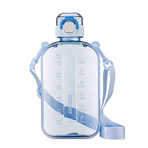 Flat Water Bottle 750ML,Plastic Drinks Bottle,Sports Water Bottles with Time Markings,Girls Boys Waterbottle Leak-Proof & Bpa-Free for Gym,Cycling, Office, Outdoor(Flat Blue)