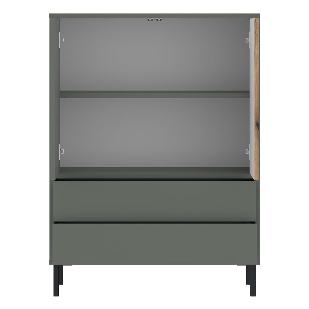 Lomadox Kinderzimmer komplett Set mit 90x200 cm Bettgestell in grau-grün mit Eiche, 5-teilig, Kleiderschrank, Schreibtisch, Wandboard, Kommode