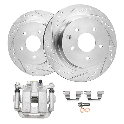 Image of Detroit Axle - Rear Drilled Rotors + Left Brake Caliper Replacement for 2003-2005 Infiniti G35 Nissan 350Z - 3pc Set