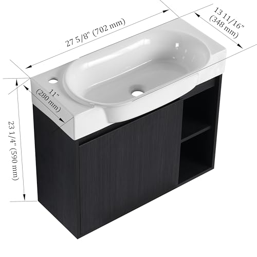 Image of 28 inch Wall Mounted Bathroom Vanity with Ceramic Sink, Modern Floating Bathroom Cabinet with Soft-Close Door & 2 Open Storage Shelves, Farmhouse Small Bath Vanity Set, Easy to Clean, Black