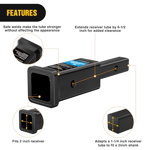 Image of Nilight Trailer Hitch Receiver Extender Adapter Reducer 1-1 /4 to 2Inch Hitch Adapter 6-1 /2 inch Extension Sleeve Convertor 350Lbs with 1 /2-Inch Diameter Pin and Clip with 5 /8-Inch Adapter