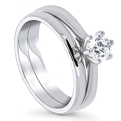 BERRICLE Sterling Silver Solitaire Wedding Engagement Promise Rings for Her, Stackable Band Ring Set for Women, Round Cubic Zirconia CZ, 1-3 Piece Set