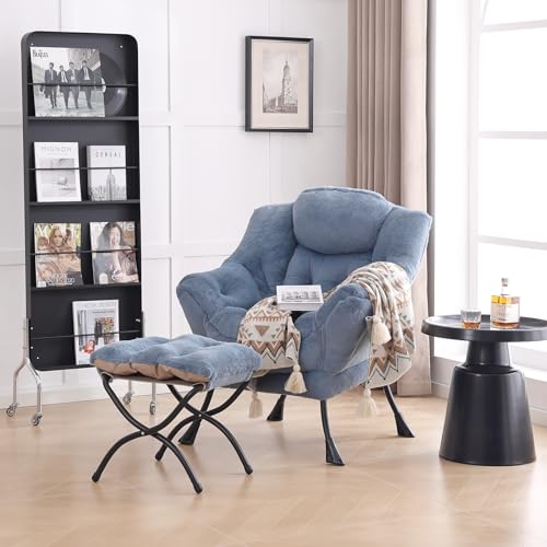 Image of LITA Modern Accent Leisure Upholstered Sofa Chair with Ottoman, Plush Light Blue, 43 x 80 x 95 cm, Cotton, Standard Sofa, Living Room Chair