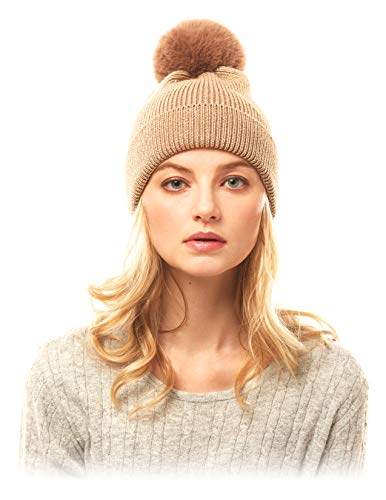 Women's Winter Trendy Warm Faux Fur Pom Pom Fashion Knit Beanie Hats MM3003 (Gold + Gold)