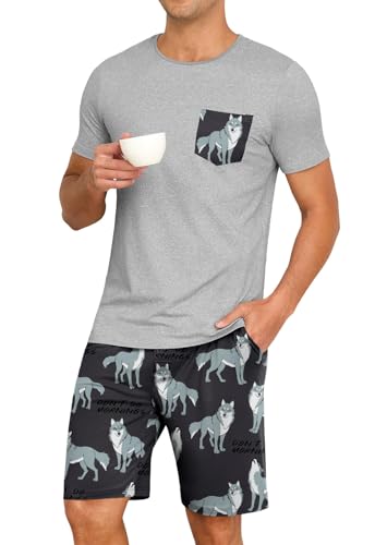 Image of PrinStory Mens Summer Pajamas Set Lightweight Pjs Sets Short Sleeve Pajama Shorts Set Soft Sleepwear Loungewear with Pockets