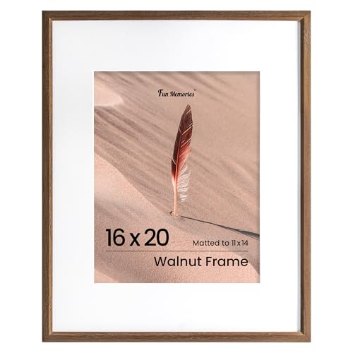 Fun Memories 16x20インチ 写真フレーム オーク無垢材ポスターフレーム モダンフォトフレーム 16x20インチ 11x14マット付き 高解像度プレキシガラス&壁掛けフック付き (ウォールナット、1パック)