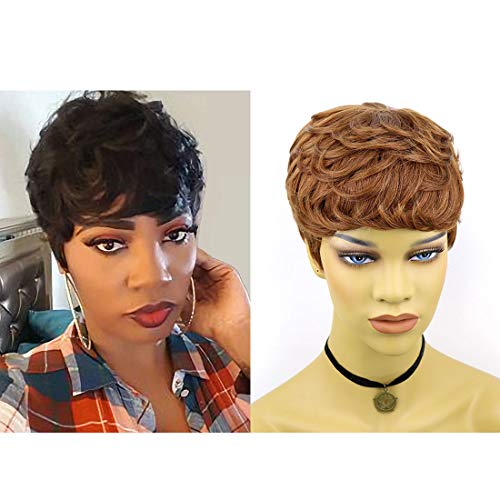 Rofa Human Hair Pixie Cut Curly Wigs for Black Women Short Brown Color Curly Wigs with Bangs for Women