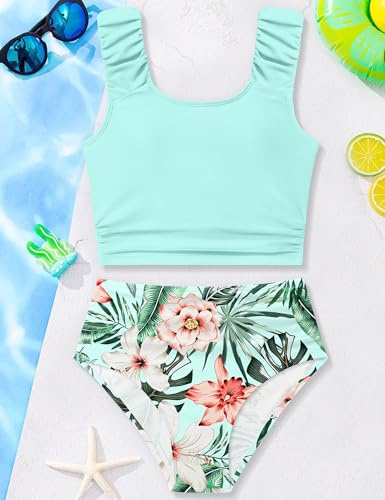 Image of Girls Tankini Swimsuit 2 Piece Bathing Suit Twist Cross Back Cutout Swim Tank Top Floral Print Swimwear for 7-18Y