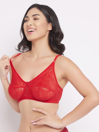 Image of Clovia Women's Lace Solid Non-Padded Full Cup Wire Free Bra - Light Red