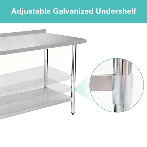 Image of Stainless Steel Work Table 24 x 24 Inch, NSF Commercial Prep Table with Undershelf, Heavy Duty Food Prep Workstation with Backsplash
