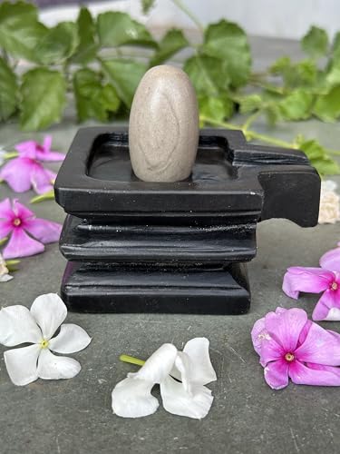 Image of Shivam VASTU AKAL 1.5 inch Original Narmadeshwar Narmada Shivling with 3 inch Narmada Stone Yoni Base Jaladhari (Ardhanarishwar Shivling, Black Square Jaladhari)
