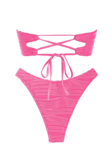 Image of ZAFUL Women Strapless Textured Bandeau Bikini 2 Piece Swimwear Cheeky Solid Lace up Bathing Suits
