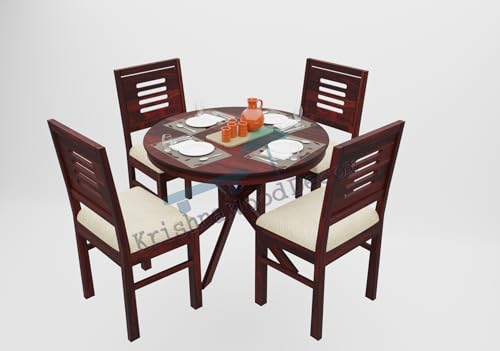 Image of Krishna Wood Decor Round Dining Table 4 Seater With Chair | Dining Table Set | Dining Room Furniture | Wooden Table | Round Shape
