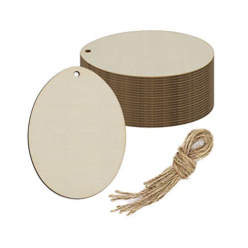 20pcs Egg Wood DIY Crafts Cutouts Blank Wooden Egg Shaped Hanging Ornaments with Hole Hemp Ropes Gift Tags for Easter Wedding Birthday Party Decorations