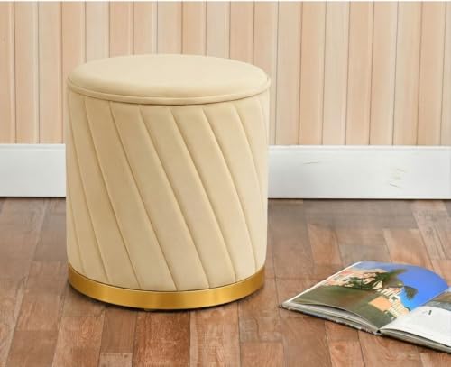 Image of Luxury Velvet Ottoman Stool for Living Room & Bedroom | Premium Round Pouffe with Gold Metal Base | Modern Footrest, Extra Seating & Home Decor (Cream)
