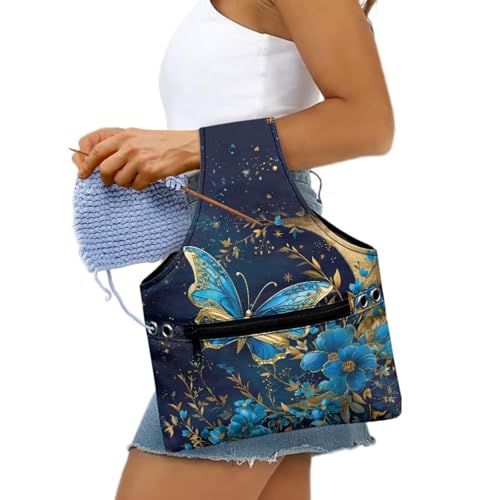 Image of KUIFORTI Butterfly Yarn Bag Blue Knitting Bags Crochet Bag Organizer, Drawstring Yarn Storage Knitting Bags, Yarn Holder for Crocheting Project, Store Skein Ball, Needles Accessories Small Size