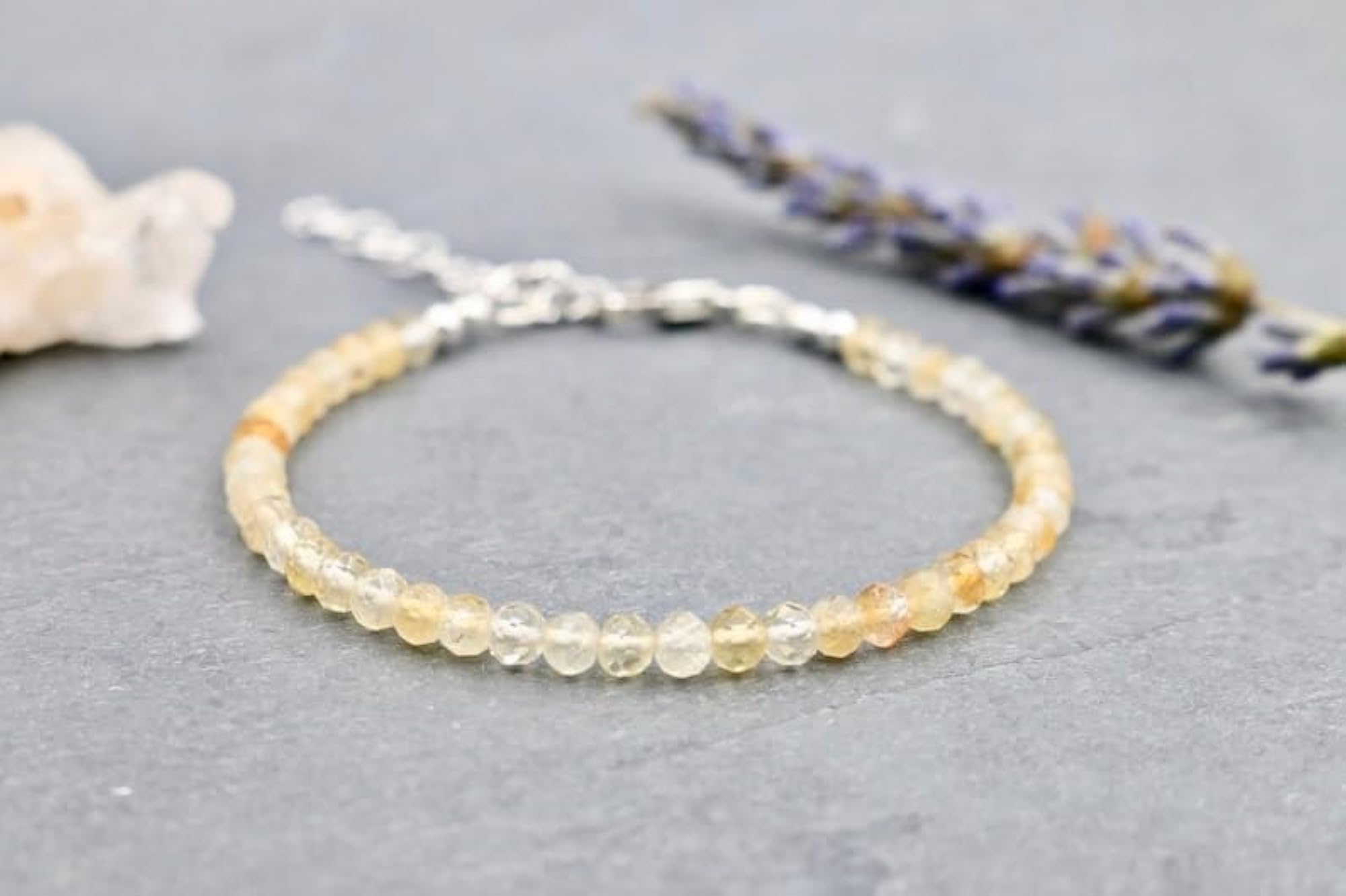 Citrine Round Beaded Bracelet with Silver Lock, Adjustable 7 Inch