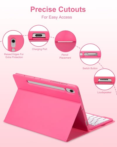 Image of EAMPANG Case with Keyboard Mouse for Samsung Galaxy Tab S10 Lite /S10 FE 5G /S9 FE 10.9 Inch /S9 11 Inch,7 Color Rainbow Backlit Detachable USB-C Keypad Magnetic Cover with Pencil Holder Coral Red