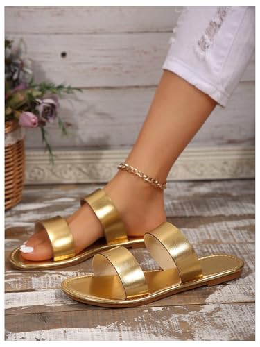 GORGLITTER Women's Metallic Flat Sandals Open Toe Double Strap Slide Sandals3