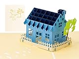 LIMAH® Pop Up Hauskarte, Glückwunschkarte, Freundschaftskarte, Geschenkkarte, Überraschungskarte zum Eigenheim mit einem großen blauen Haus und einem grünen 3D Baum