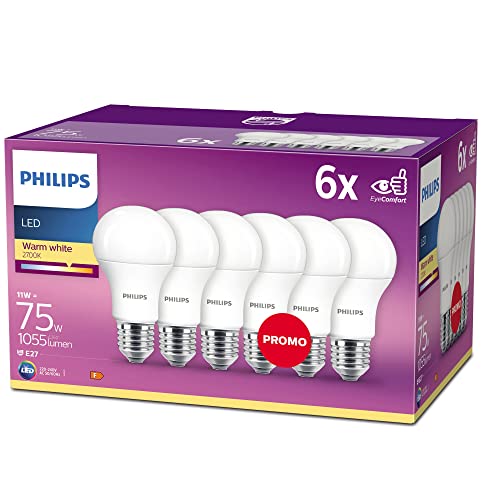 Philips LED Lampe 11 W ersetzt 75 W, E27, warmweiß (2700K),1055 Lumen, 6er Pack