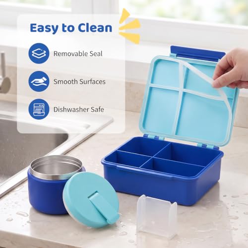 Image of Pawtong Bento Lunch Box with 8oz Soup Thermo, Kids Leakproof Lunch Food Containers with 4 Compartment, Kids Thermo Insulated Hot Food Jar for School, Trvael(Blue