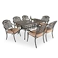 TITIMO 7-Piece Outdoor Furniture Dining Set, All-Weather Cast Aluminum Conversation Set Includes 1 Rectangular Table and 6 Chairs with Khaki Cushions and Umbrella Hole for Patio Garden Deck