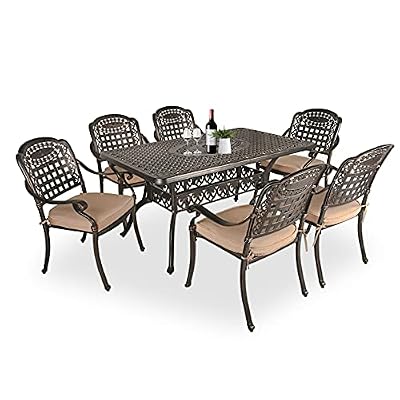 TITIMO 7-Piece Outdoor Furniture Dining Set, All-Weather Cast Aluminum Conversation Set Includes 1 Rectangular Table and 6 Chairs with Khaki Cushions and Umbrella Hole for Patio Garden Deck