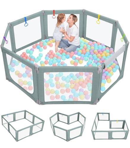 Image of Dripex Foldable Baby Playpen, 71"×69" Play Pens for Babies and Toddlers, Safe Anti-Fall Play Yard with Gates, Baby Fence with Breathable Mesh, Indoor & Outdoor Kids Activity Center, Green